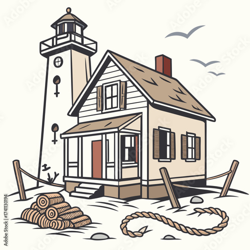 Beachfront Lighthouse and Keeper's House with Nautical Elements Keywords: lighthouse, keeper's