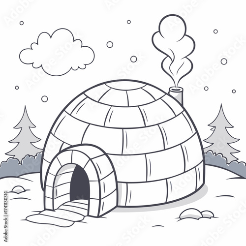 Black and white drawing of an igloo in a snowy landscape