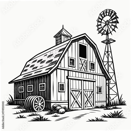 Black and white illustration of a barn with a windmill and hay bales