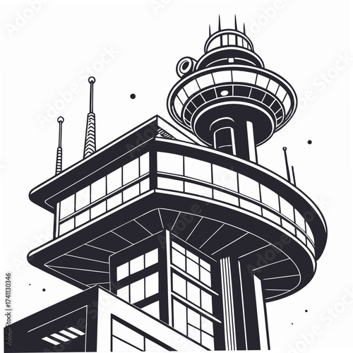 Black and white illustration of a futuristic building with a round top