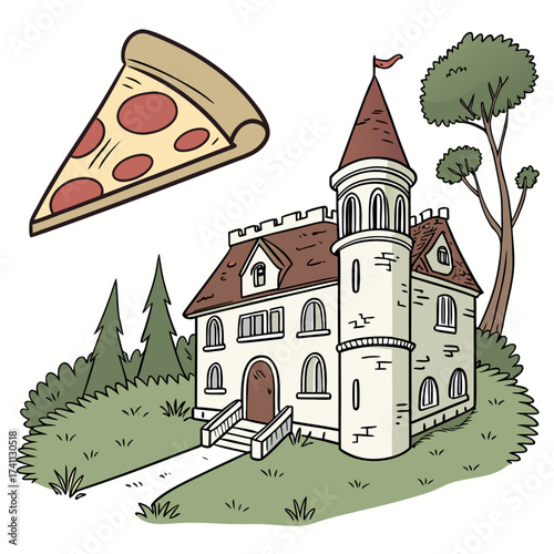 Cartoon castle and pepperoni pizza slice with trees Keywords: castle, pizza, slice, pepperoni
