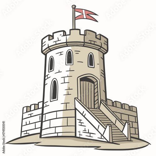 Cartoon Castle Tower with Flag and Stairs fortress