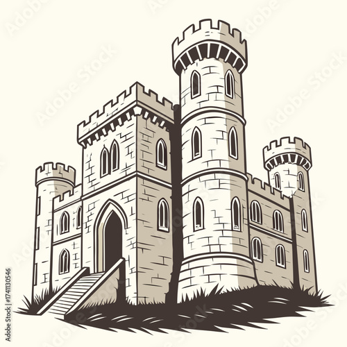 Cartoon castle with tall towers and arched windows