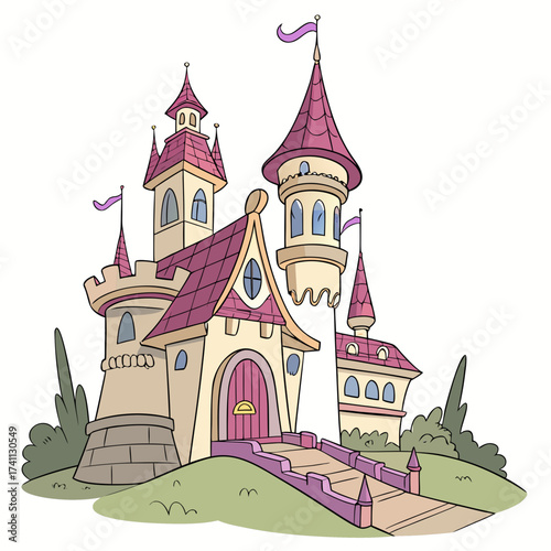 Cartoon fairytale castle with cream walls and purple roof