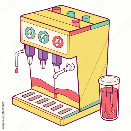 Cartoon drink dispenser with dripping liquid and a glass