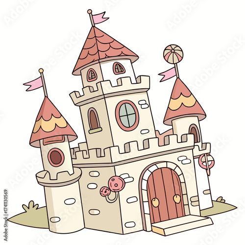 Cartoon fairytale castle with multiple towers and pastel accents