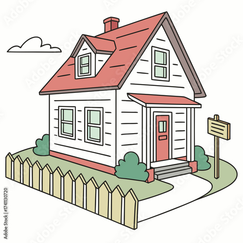 Cartoon house with red roof fence and for sale sign Keywords: house, home, residential, building