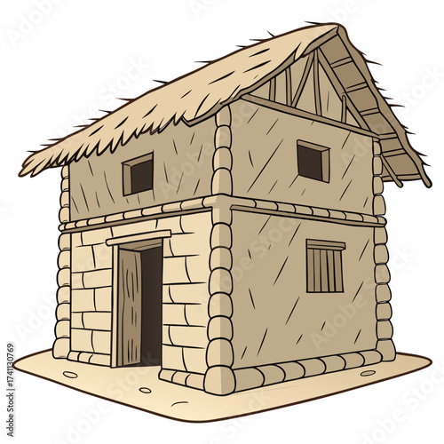 Cartoon Illustration of a Simple Stone and Straw Hut