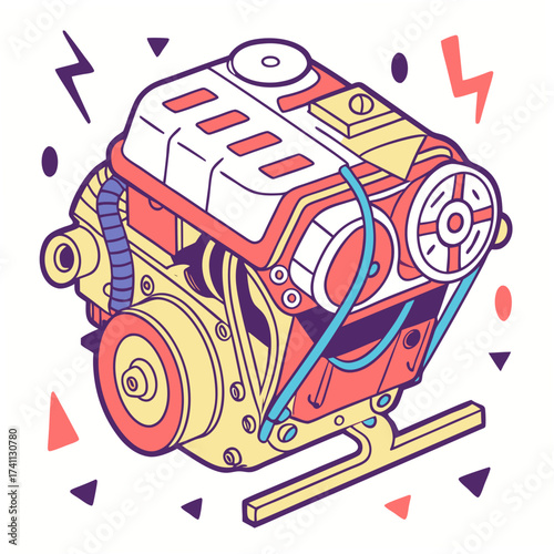 Cartoon Internal Combustion Engine Illustration Keywords: engine, motor, car, automobile