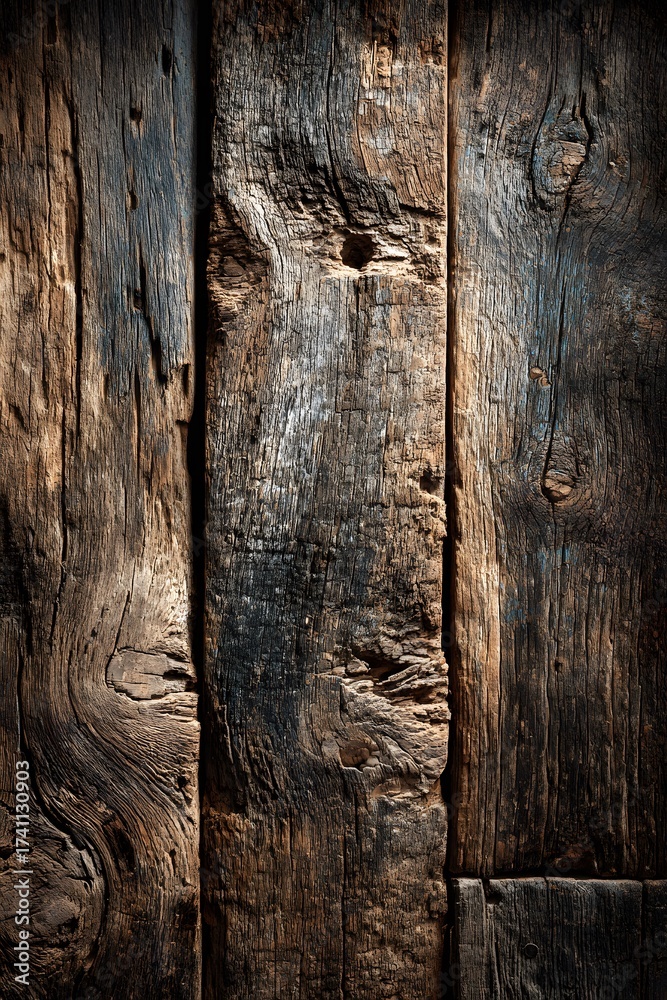 Obraz premium Detailed, top-down photograph of weathered, vertical wooden planks. It showcases the deep grain, knots, and texture in varying shades of brown/grey.