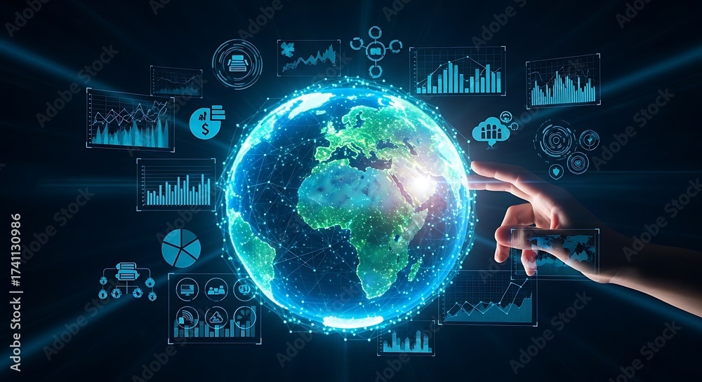 Fototapeta premium Innovative Global Data Ecosystem Human Interaction with Earth's Digital Network and Analytics