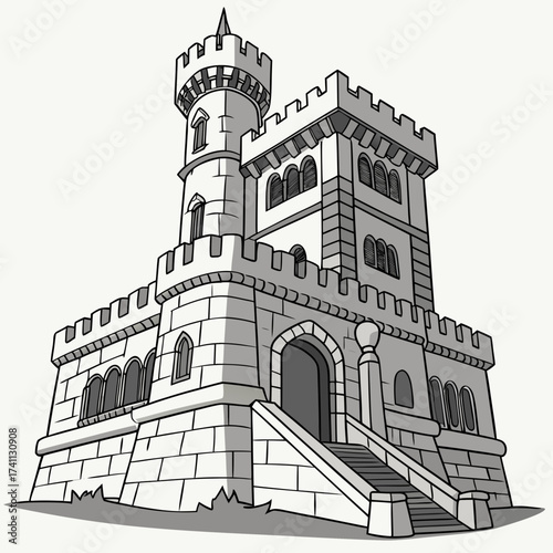 Cartoon Stone Castle with Turrets and Crenellations