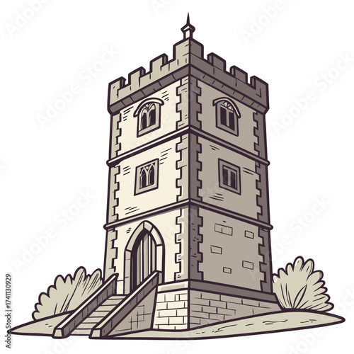 Cartoon Stone Tower with Crenellations and Stairs castle