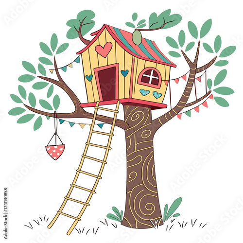 Cartoon Treehouse with Ladder and Bunting Keywords: treehouse, tree, house, playhouse, childhood