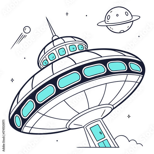 Cartoon UFO spaceship with planet and comet in space