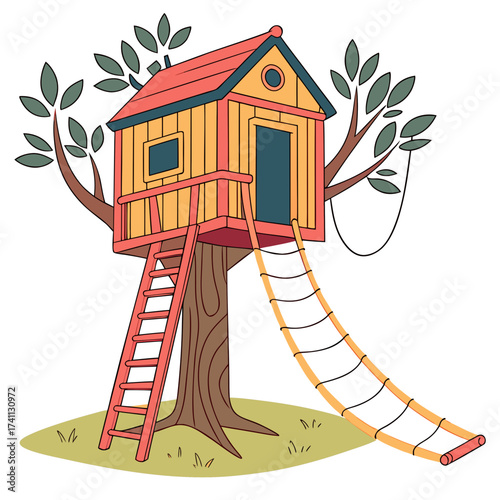 Cartoon treehouse with red ladder and net slide illustration