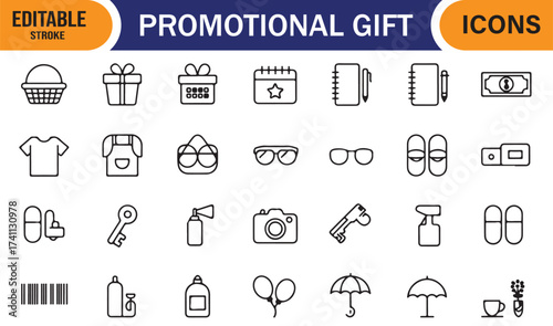 Promotional gift outline icons – editable stroke vector illustrations for advertising design.