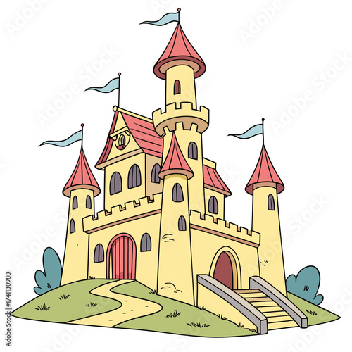 Cartoon yellow castle with red roofs and blue flags
