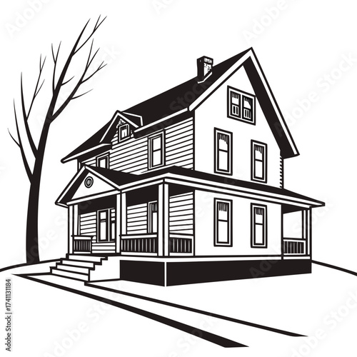 Classic American House with Porch and Bare Tree home