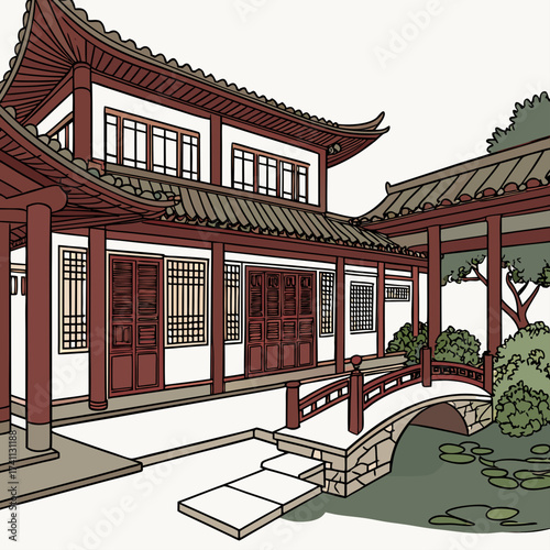 Chinese Courtyard with Bridge and Pond Illustration