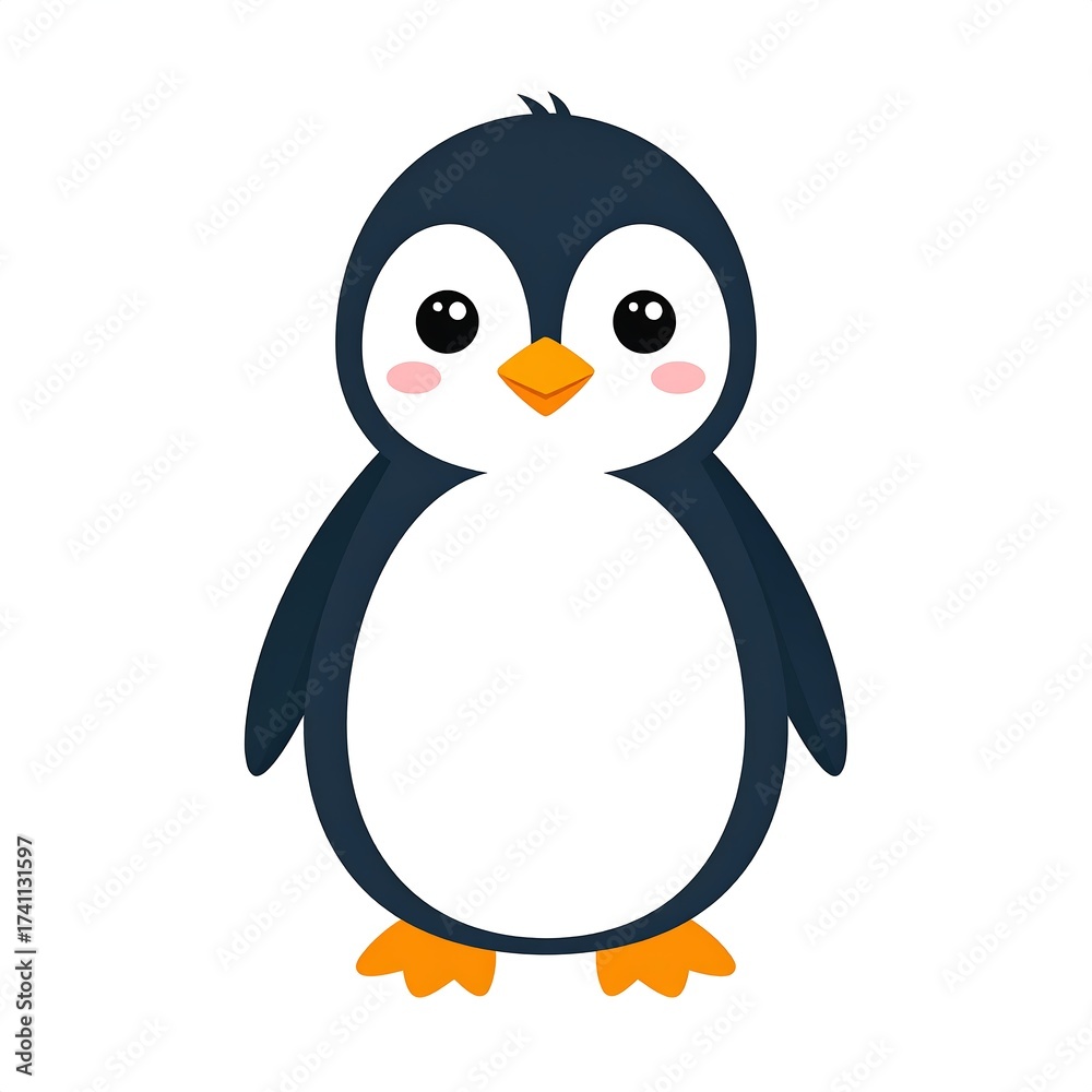 Obraz premium Adorable cartoon penguin with dark blue and white plumage, orange beak, and feet