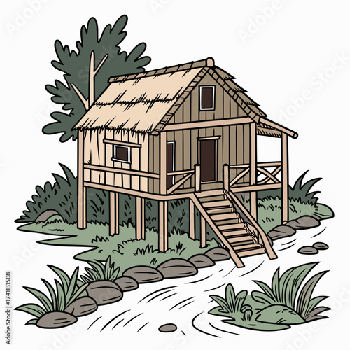 Colorful Thatched Stilt House by a Stream house on stilts