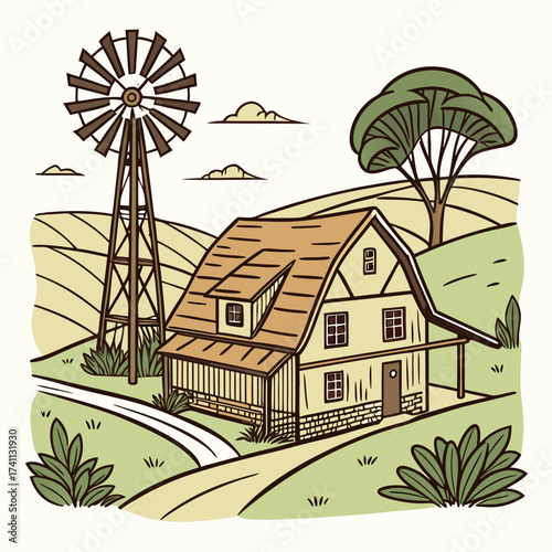 Countryside Landscape with Farmhouse and Windmill illustration