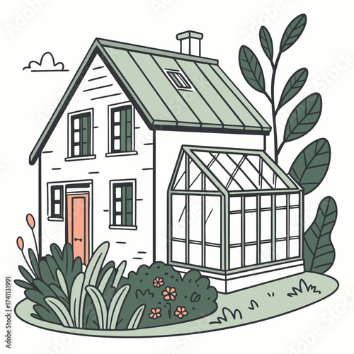 Cozy House with Conservatory and Blooming Flowers home