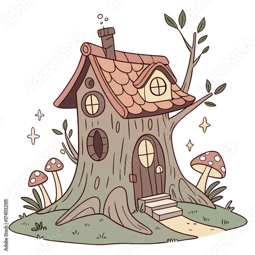 Cozy Tree Stump Cottage with Mushroom and Twinkling Stars