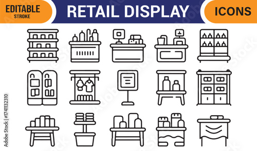 Store display icon pack – outline vector illustration for retail and marketing design.