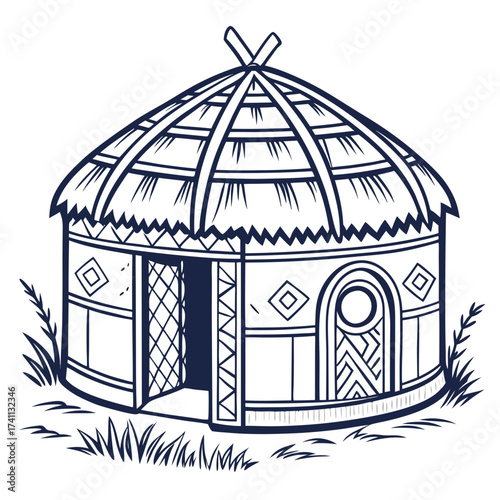 Detailed Black and White Illustration of an African Hut