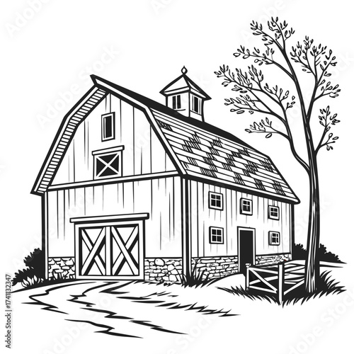 Detailed black and white drawing of a farm barn with a tree and fence