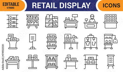 Retail furniture icon bundle – cash counters, racks, and store layout line art illustration.