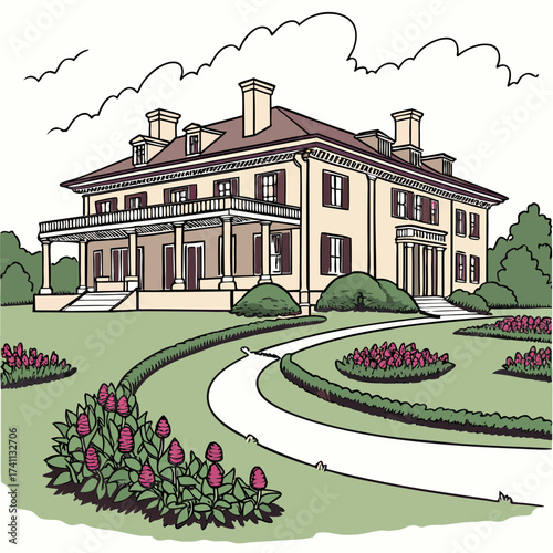 Elegant Mansion With Winding Path And Flowering Bushes Keywords: mansion, estate, house, home