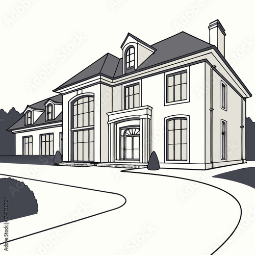 Elegant two story house with large windows and driveway