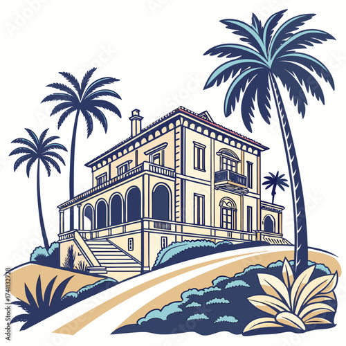 Elegant villa with palm trees on white background house