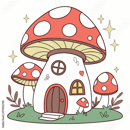 Enchanted mushroom home with surrounding smaller mushrooms and stars