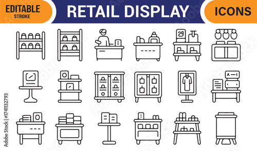 Collection of retail display icons – store racks, furniture, and shopping layout vector symbols.