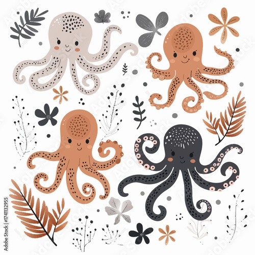 sea animals set. Set of octopus drawings, children's vector, cute illustrations