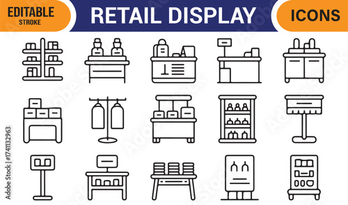 Retail display line icon set – editable stroke vector illustration of shop shelves and counters.
