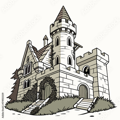 Fairytale Castle with Conical Tower and Ivy Covered Entrance