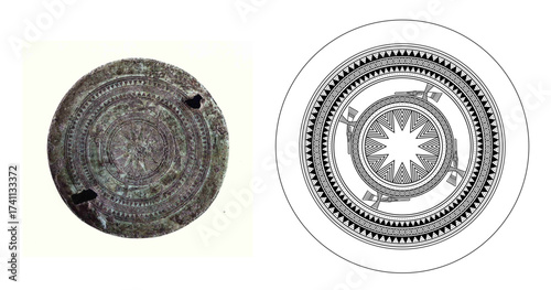 Ancient Dong Son Bronze Drum with Traditional Geometric Patterns and Stylized Birds