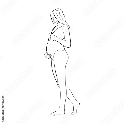 Hand drawn pregnant woman illustration. beautiful young pregnant woman line art. pregnant woman line drawing. pregnancy and motherhood