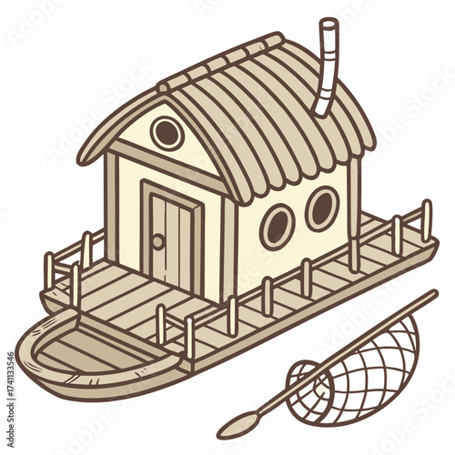 Floating Fishing Cabin with Net and Boat water