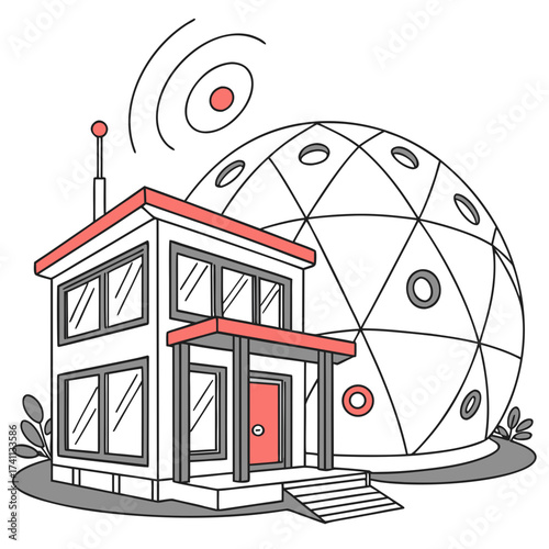 Futuristic building with geodesic dome and radio waves