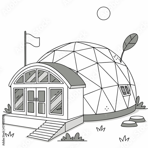 Geodesic dome building with flag and moon in grayscale