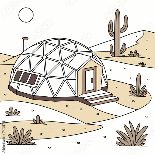 Geodesic dome dwelling in a desert environment with sun
