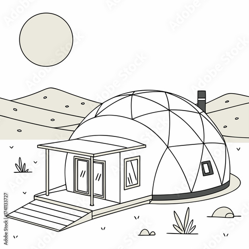 Geodesic dome dwelling with modern entrance and hills