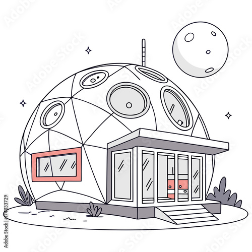 Geodesic dome dwelling on a planet with moon and stars