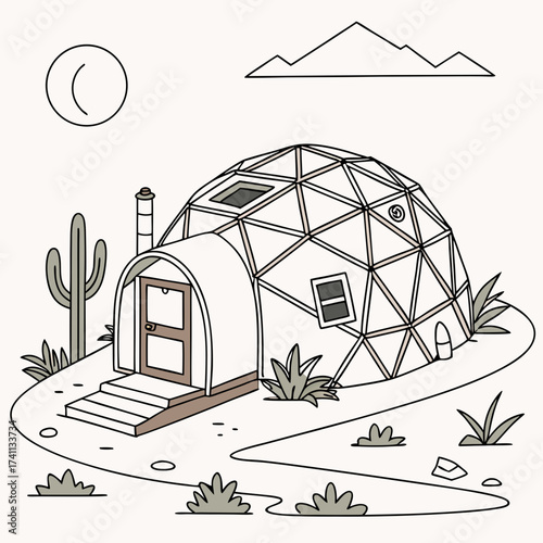 Geodesic Dome Dwelling in Arid Landscape with Mountains